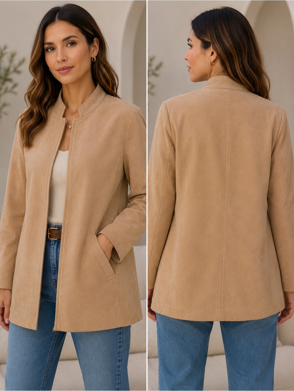 🌙✨🏷️Tahari Women's Faux Suede Collarless Blazer Jacket Size 8